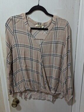 Andree Large Plaid Wrap-Front Long Sleeve V-neck Top - Beige